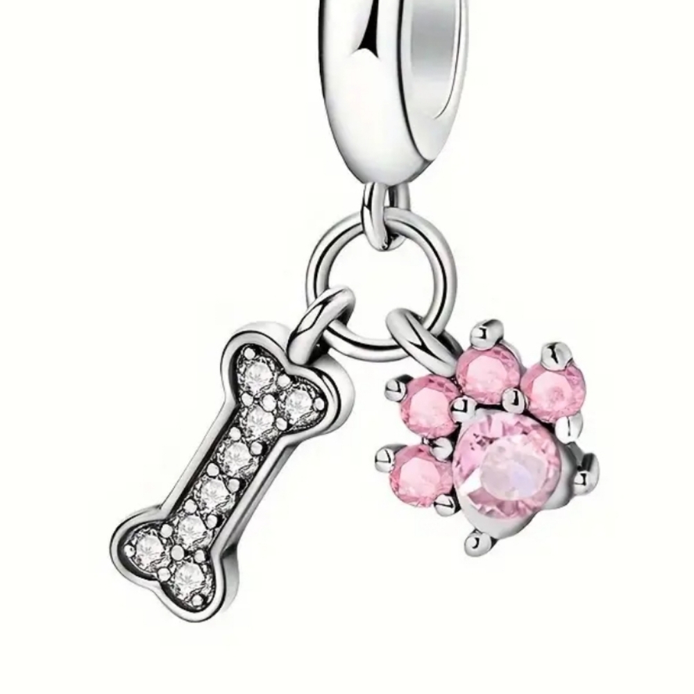 Fashion Pink Craftsmanship Inlaid Rhinestone Cute Paw Print Bone Pendant